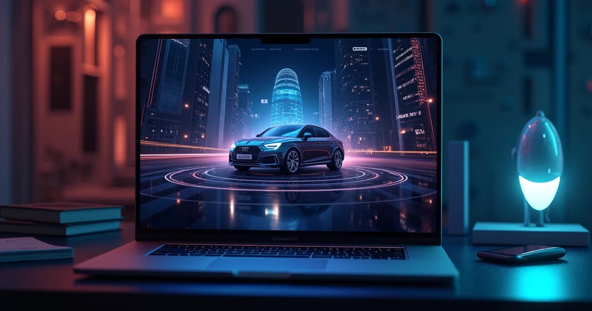 High-tech modern website interface with AI personalization and 3D interactive elements on sleek dark background