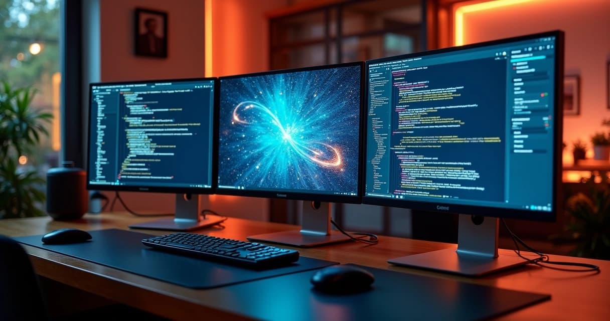 Modern workspace with multiple high-resolution screens showing custom website development, coding, and AI integration