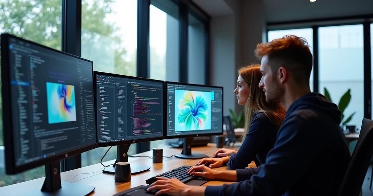 High-tech workspace showing a designer and developer collaborating on website redesign with multiple screens displaying code and modern UI