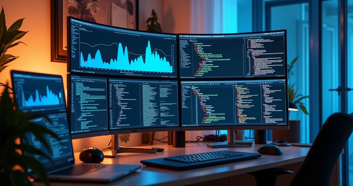 High-tech workspace with multiple screens showing website modernization processes and AI integration