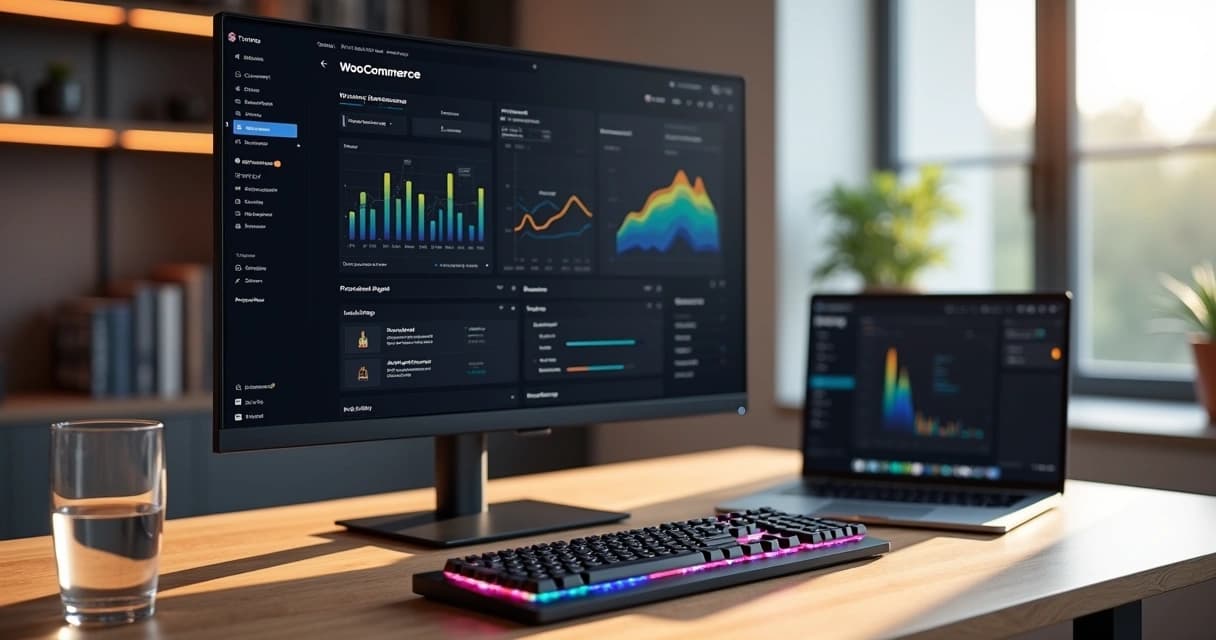 High-resolution workspace showing a modern WooCommerce dashboard on a large monitor with ecommerce graphs and settings displayed