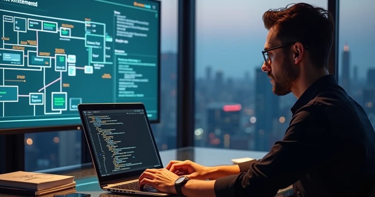 Senior software engineer coding on a laptop with Node.js code on the screen in a modern office