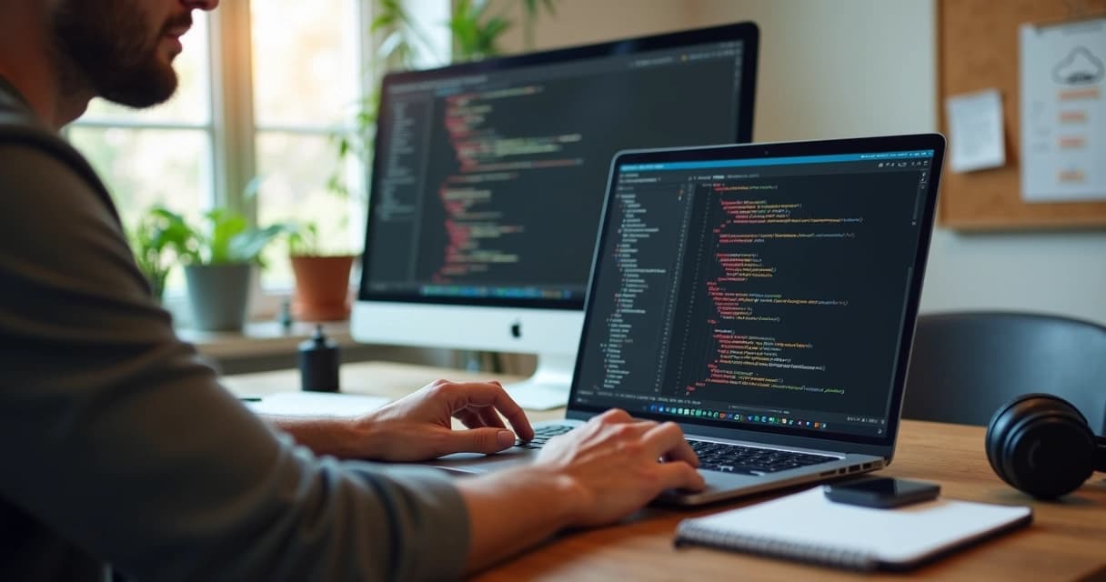 Senior developer coding Laravel app remotely on laptop at modern workspace
