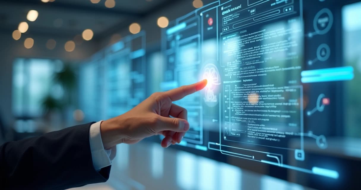 Futuristic digital interface displaying AI chatbot conversation and coding elements on multiple transparent screens