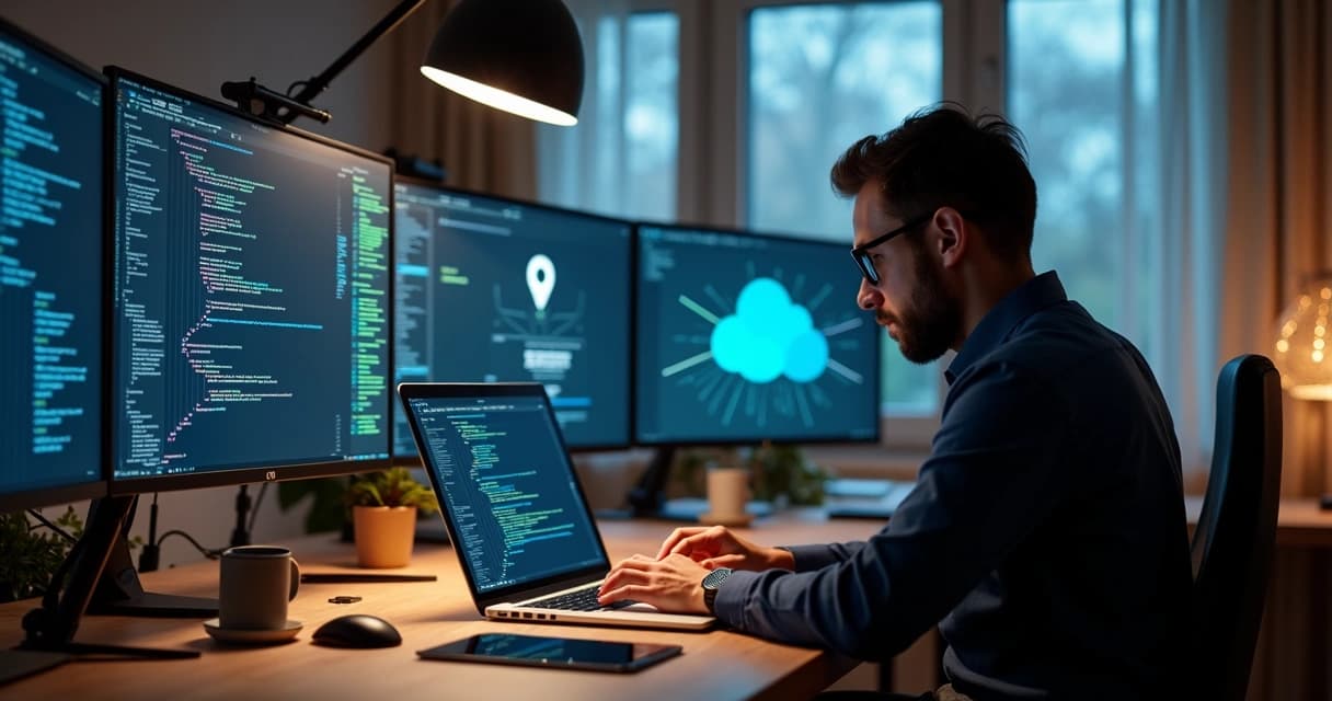 Senior software engineer coding on laptop in modern office with multiple screens displaying code and cloud architecture