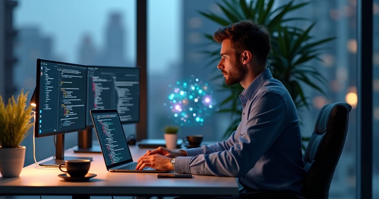 Remote software developer working on laptop in a sleek modern home office with multiple screens and cloud computing icons