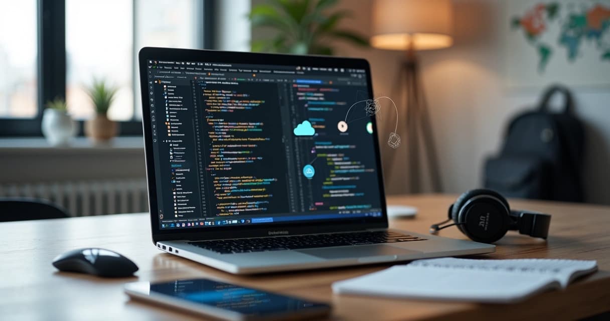 Remote freelance web developer working from laptop with code and cloud diagrams on screen