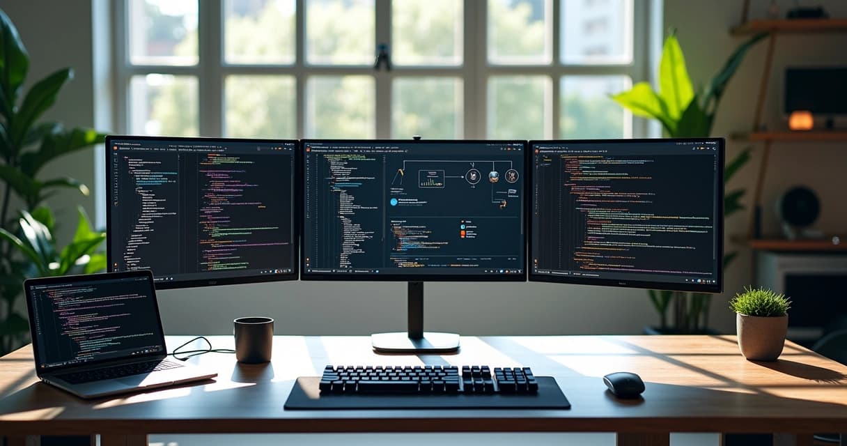 Modern remote developer workspace with multiple screens displaying code and cloud services