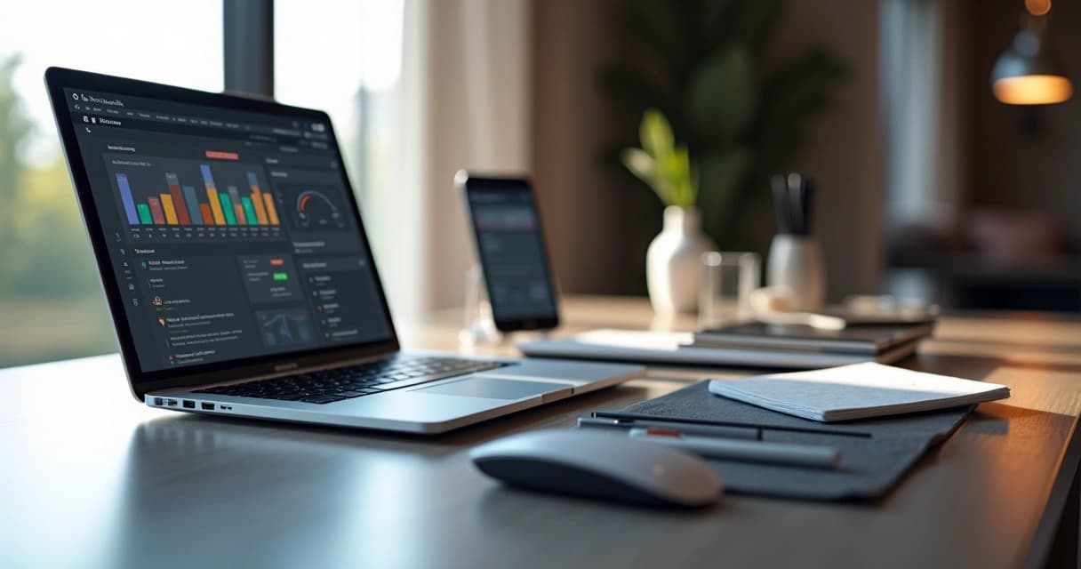 Modern workspace with multiple devices showing responsive web design layouts