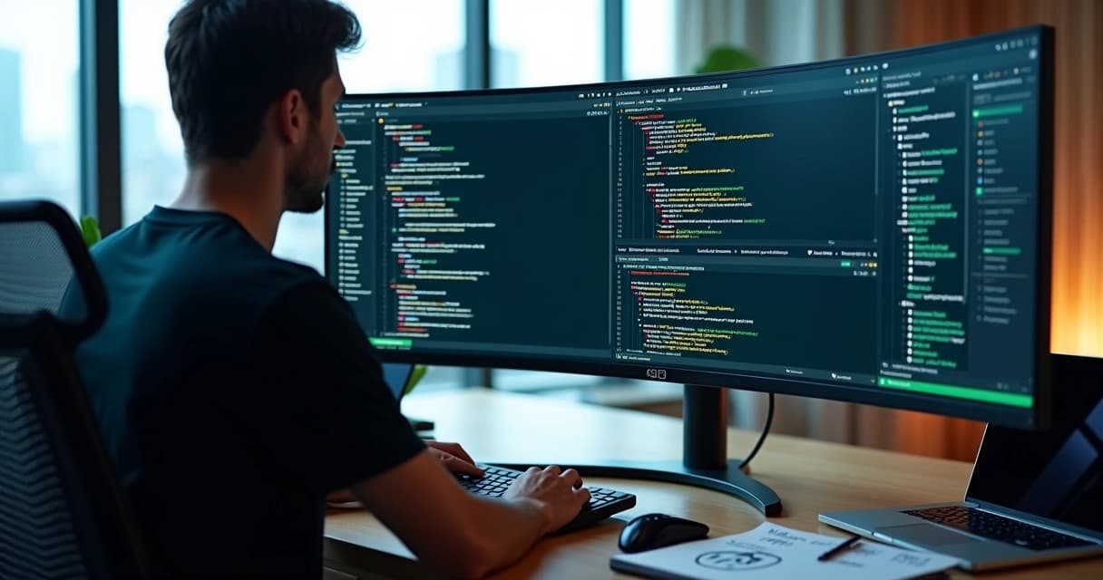 Developer monitoring secure website dashboard with code and cybersecurity graphics