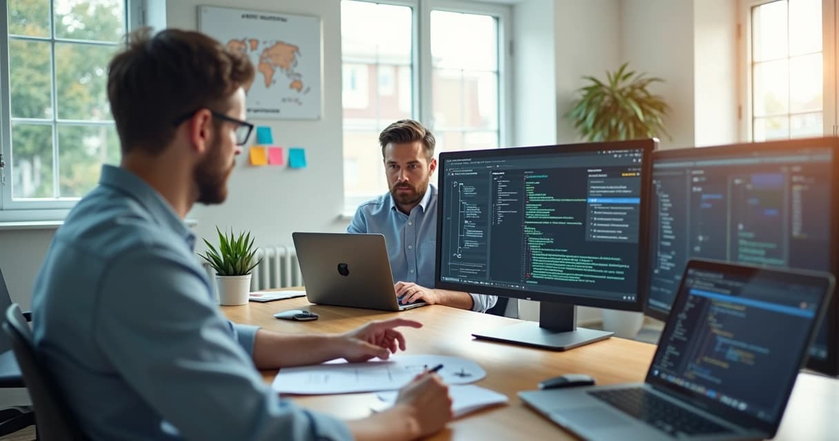Senior freelance developer discussing project with business client in modern remote workspace