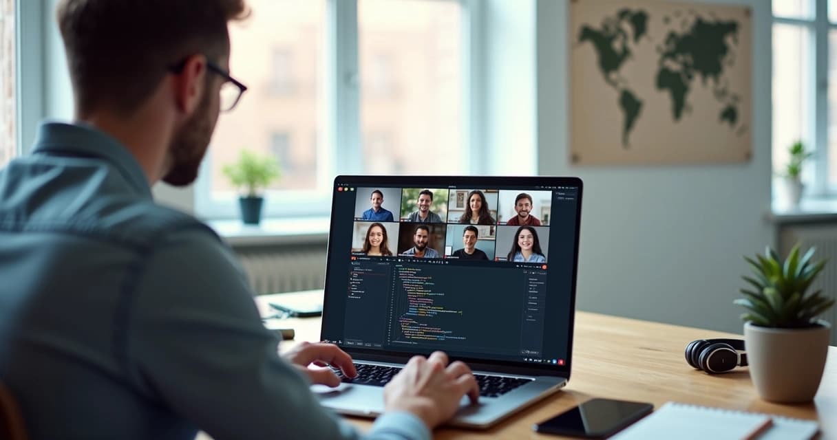 Senior freelance software engineer on video call with US business team