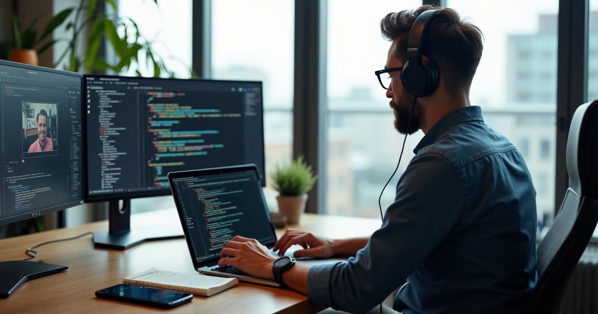 Senior Laravel developer on laptop collaborating remotely with clients