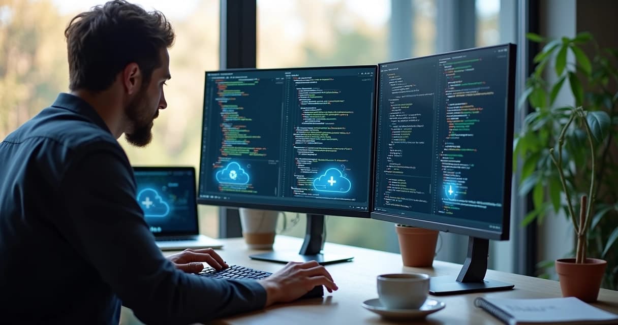 Senior software engineer coding remotely with dual monitors and cloud technology icons