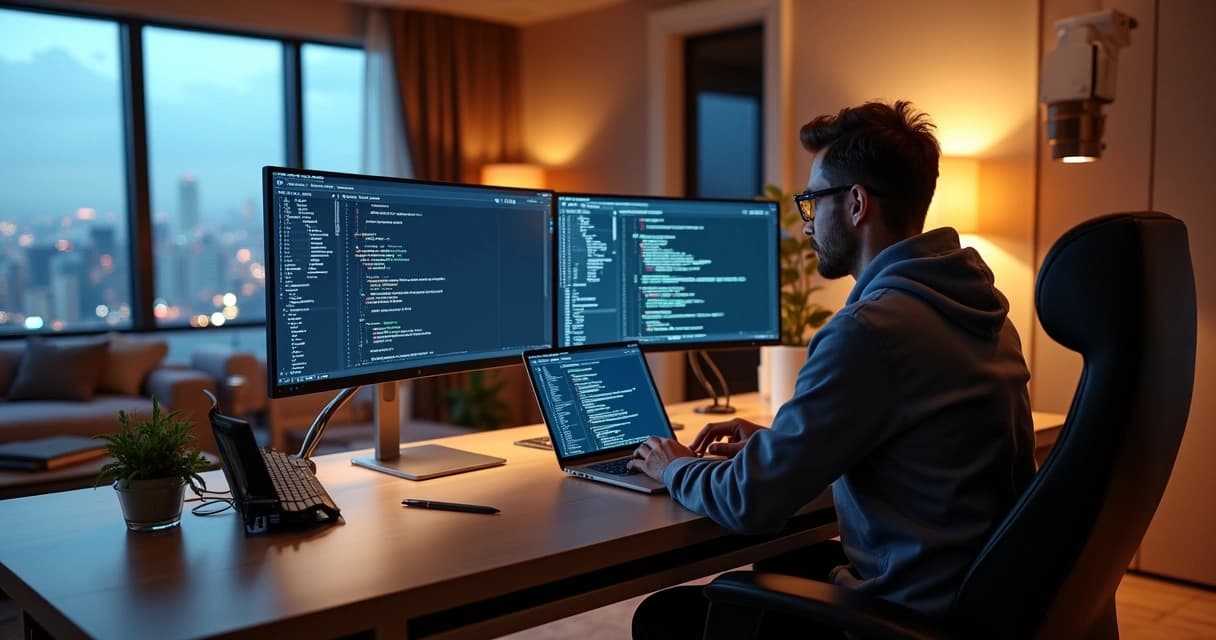 Senior software engineer working on laptop with multiple screens showing code and cloud service dashboards in luxury home office