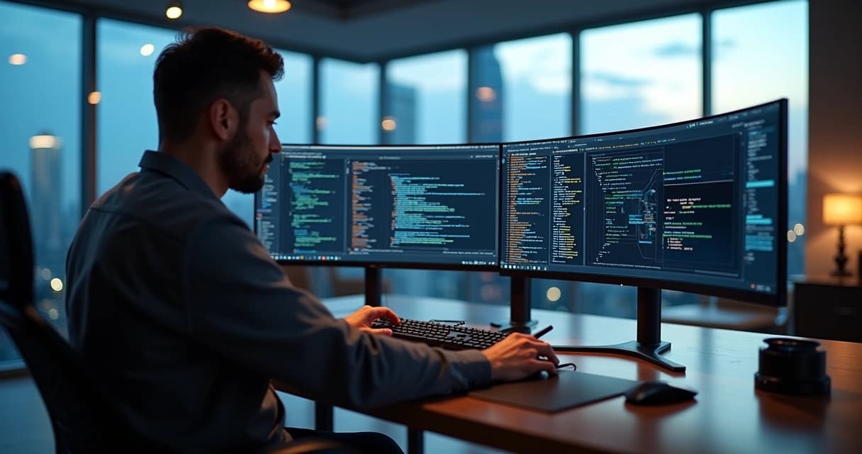 Senior software engineer working at a modern desk with multiple high-resolution monitors displaying code and cloud architecture diagrams