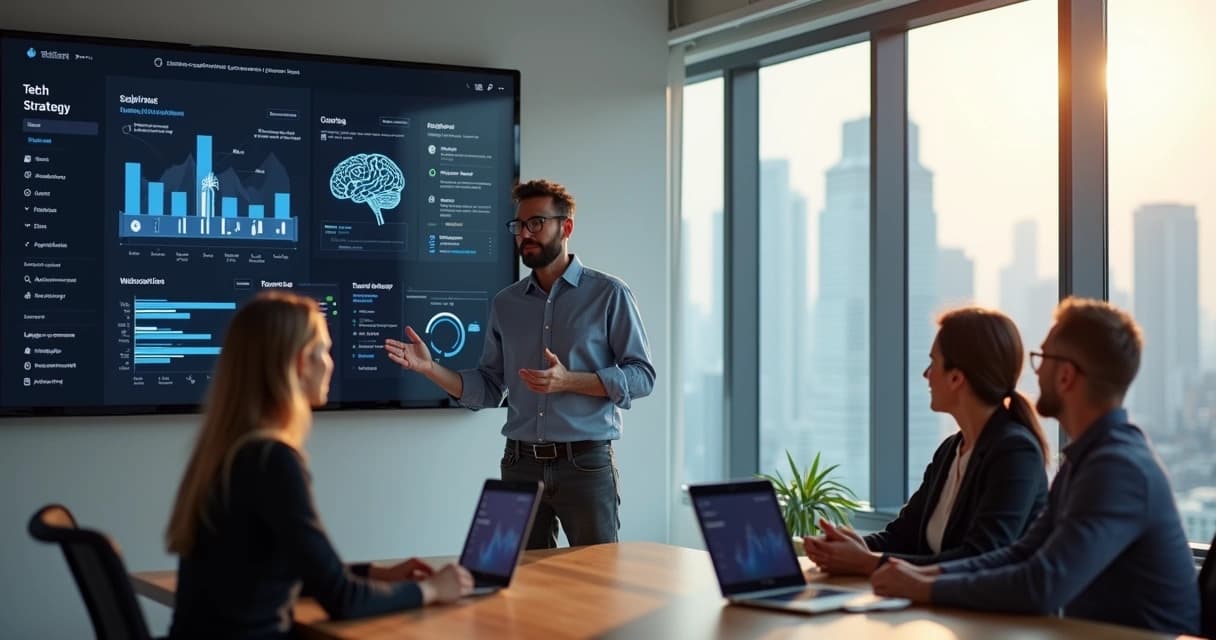 Senior software developer presenting modern solutions to a business team in a bright office