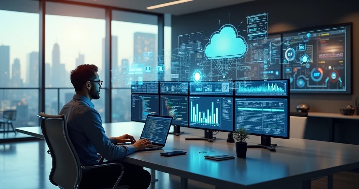 Senior software consultant working on laptop with code and data charts on multiple screens in modern office