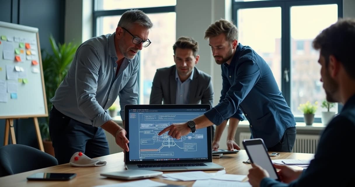 Senior software engineers discussing project strategy around a laptop in a modern office