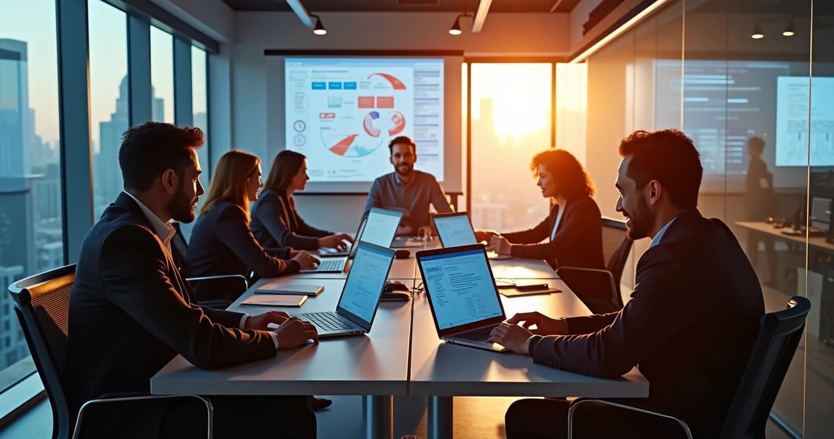 Senior software engineers collaborating on MVP development with laptops and digital whiteboards in modern office