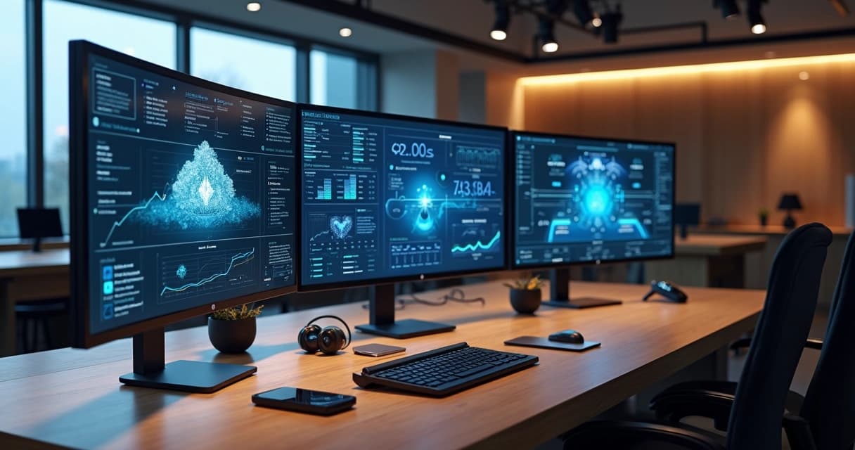 Modern workspace with multiple screens showing cloud computing and AI dashboards