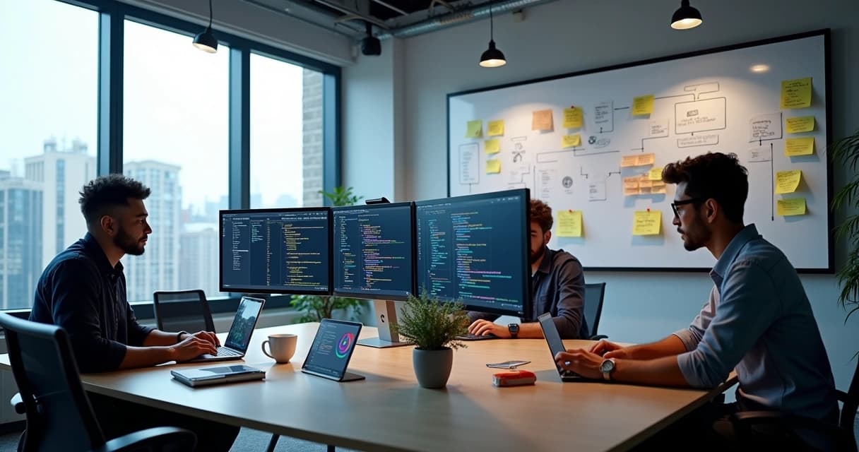 Diverse team of developers collaborating on web application on large screens in modern office