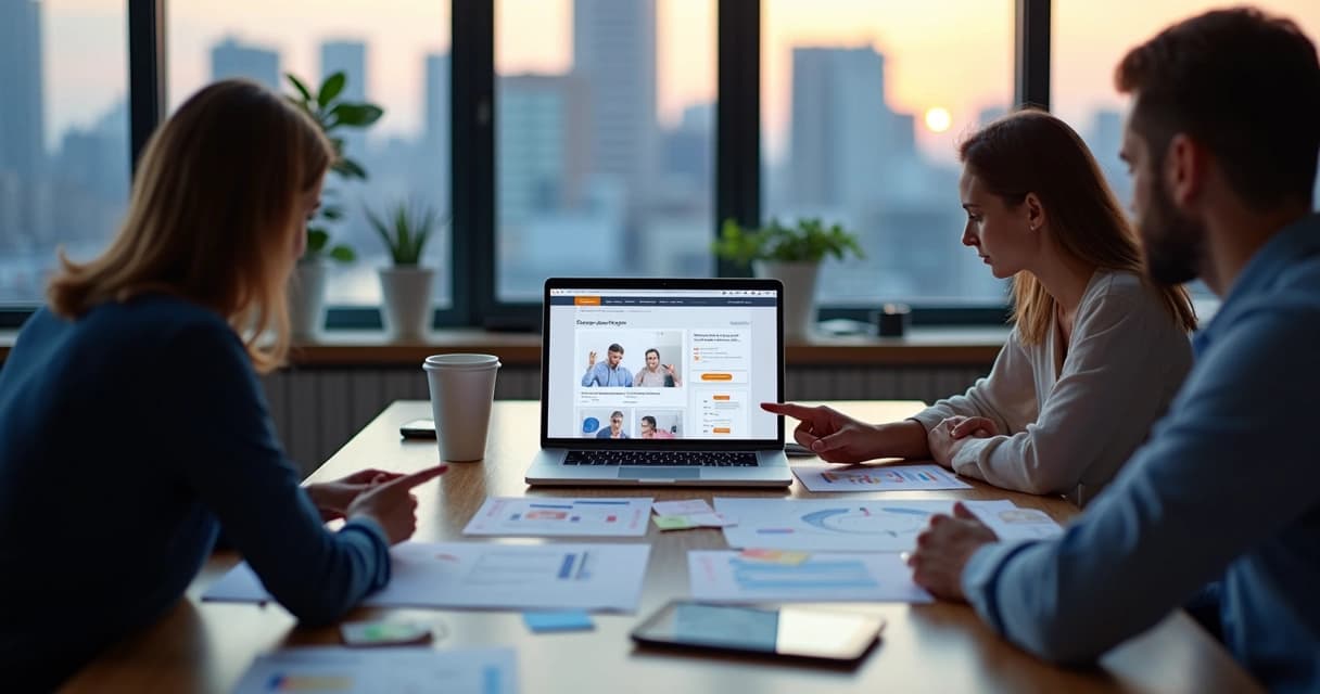 Startup founders reviewing a professional website design on a laptop