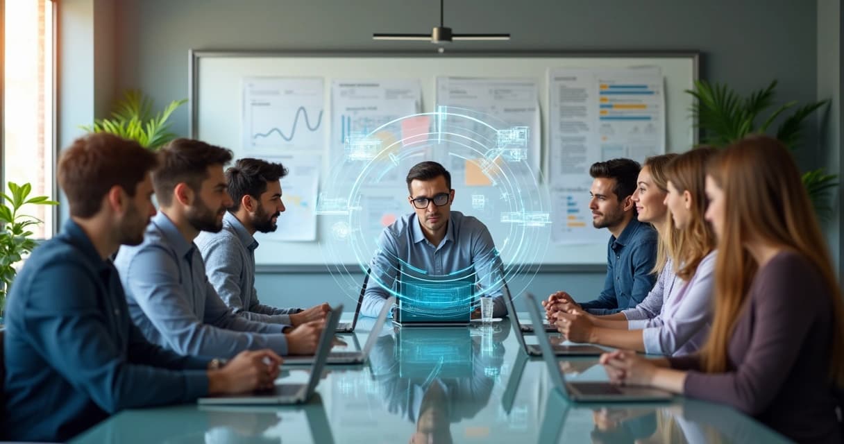 Team of professionals collaborating around a table with laptops and digital charts
