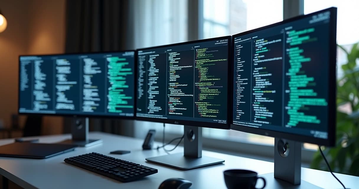 Modern workspace with multiple screens displaying web frameworks code and architecture diagrams