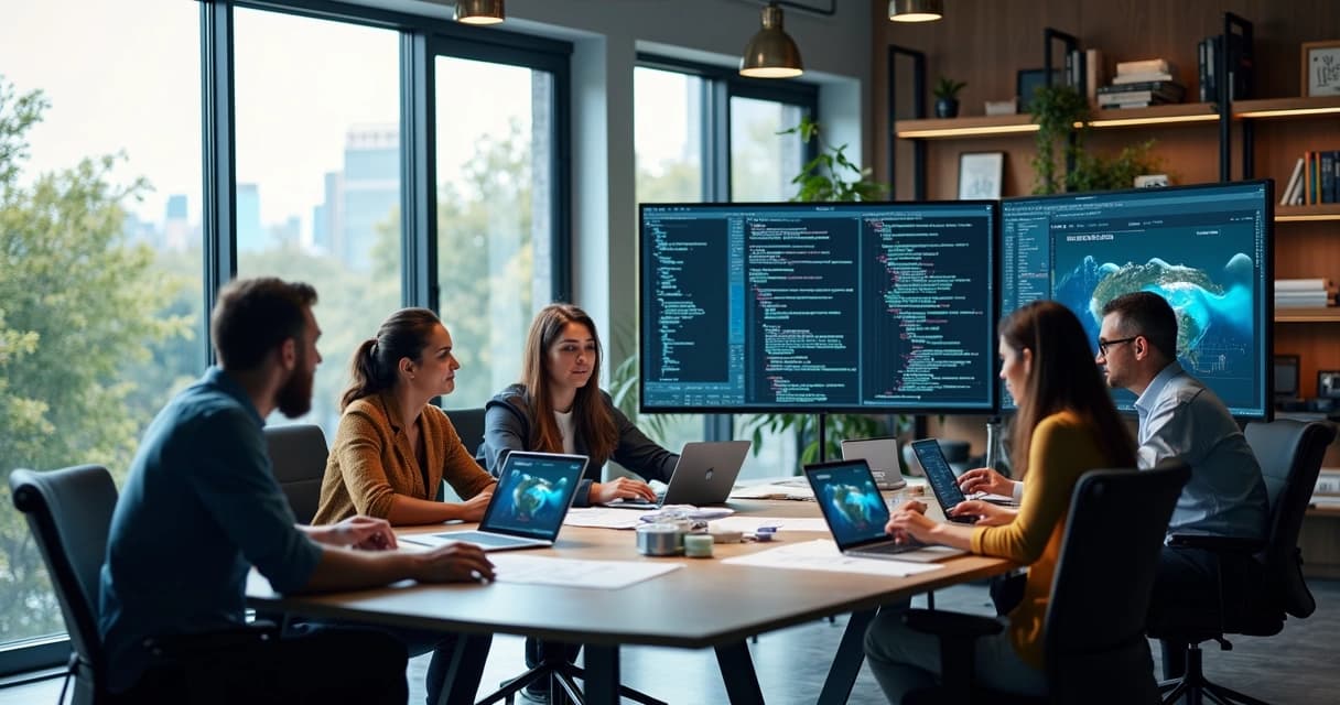 Software engineers collaborating on a project in a modern office with multiple screens showing code and cloud integration