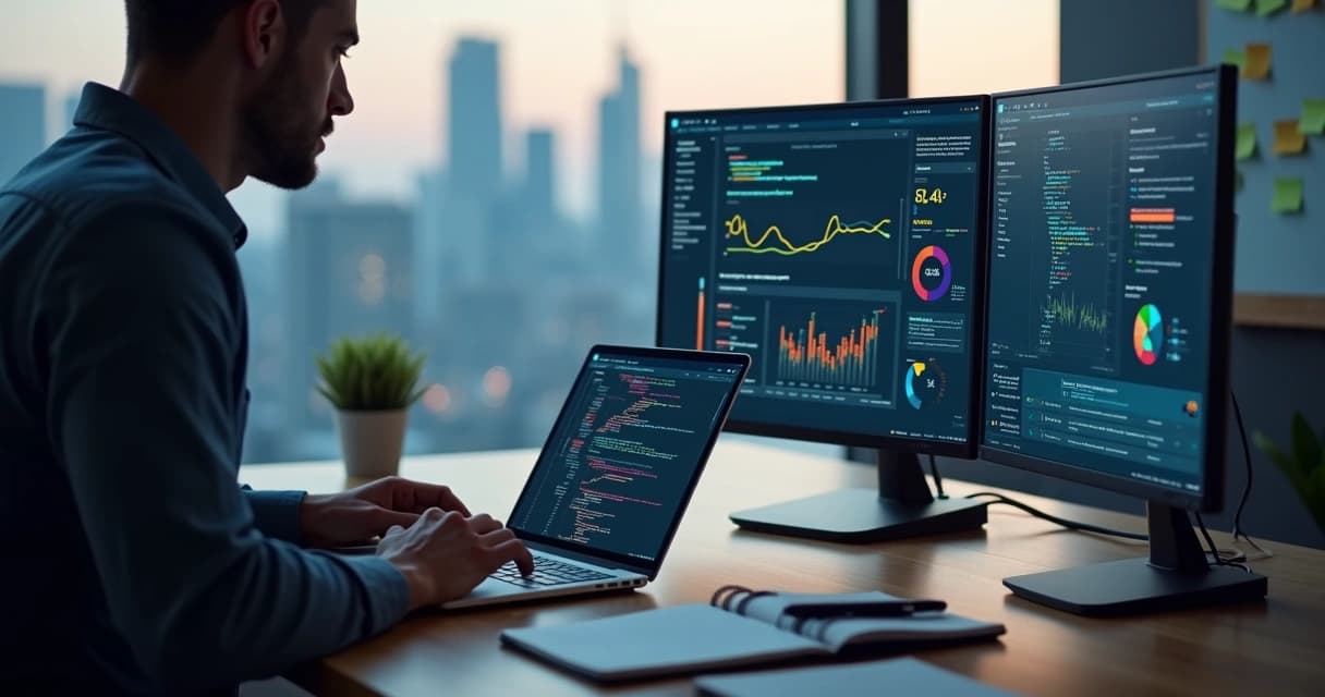 Developer monitoring website maintenance dashboard with security, speed and uptime metrics