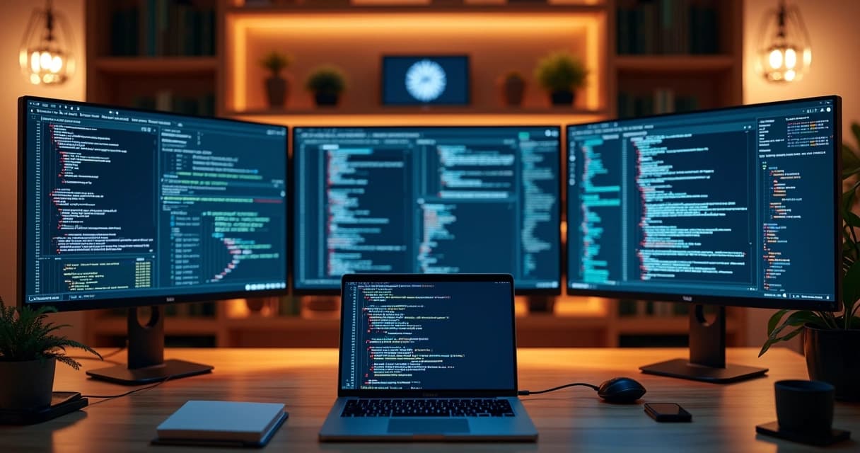 Modern workspace with multiple screens showing code, cloud architecture diagrams, and a laptop on a wooden desk