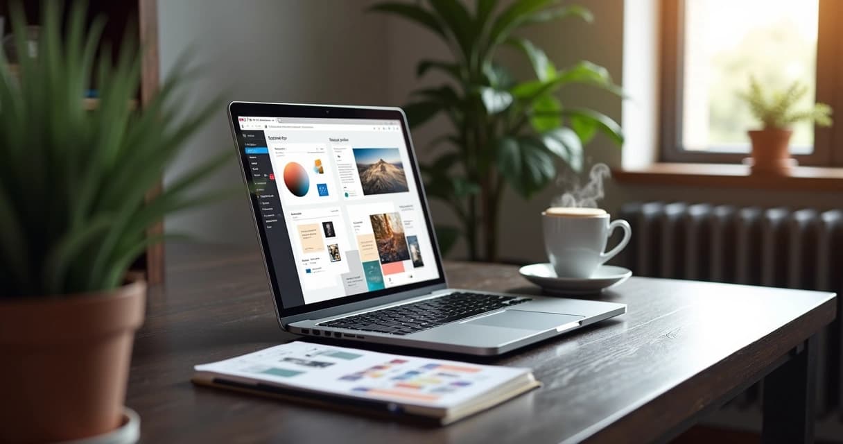 Modern workspace with laptop, coffee cup, and digital design tools on desk